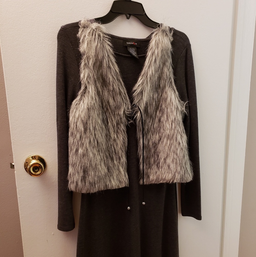 Sweater Dress with Faux Fur Vest